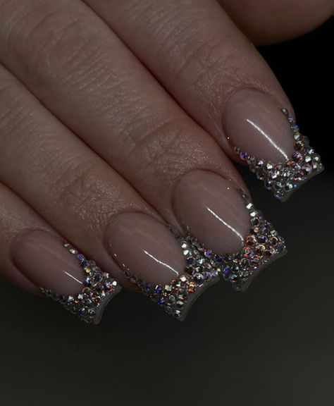 Crystal Tip Nails, Jewel French Tip Nails, Bedazzled French Tip Nails, Diamond French Tip Nails, French Tip Bling Nails, French Glitter Nails, Mini Nails, Glitter Toe Nails, Glitter French Nails