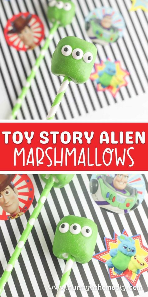 Looking for easy desserts to make for a birthday party or movie night? Learn now to make Toy Story alien marshmallow pops with these simple step by step instructions. If you're looking for easy ideas for your Toy Story party, you'll love these party treats made with just three ingredients and a few minutes of your time. They're a simple no bake dessert the kids at your celebration will love. Toy Story Recipes, Easy Party Treats, Disney Crafts For Kids, Toy Story Cookies, Toy Story Crafts, Chocolate Covered Marshmallows, Cake Pop Stands, Story Birthday, Toy Story Alien