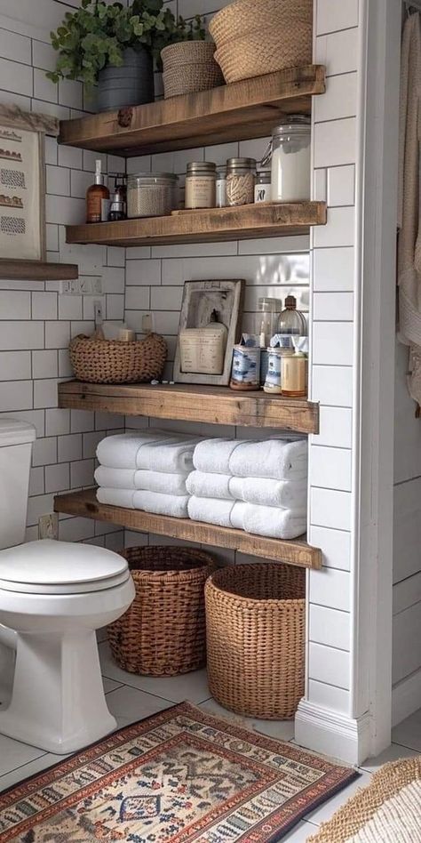 What To Do With Extra Space In Bathroom, Rustical Bathroom Ideas, Cute Small Cabin Ideas, Bathroo. Storage, Farmhouse Over Toilet Storage, Inside Wood Storage Ideas, Easy Clean Bathroom Design, Storage Ideas For Small Spaces Bathroom, Farmhouse Bathroom Storage Ideas