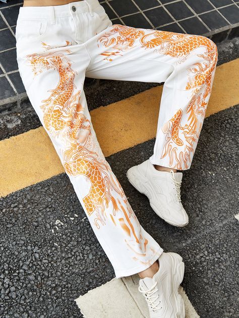 Straightleg Jeans, Pastel Goth Fashion, Dragon Print, Painted Clothes, Printed Jeans, Chinese Dragon, Jeans White, Jeans Boyfriend, Outfits Summer