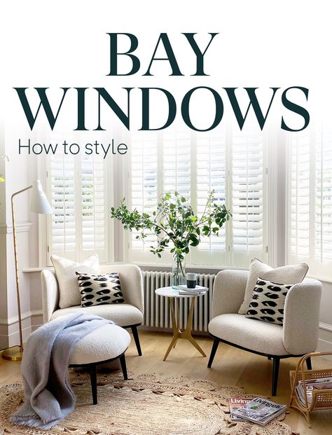 How to Style a Beautiful Bay Window | Love Your Home Living Room Inspiration Bay Window, Furniture In Front Of Bay Window, Bay Window Chair Ideas, Bay Window Ideas Living Room Furniture Layout, Bay Window Seating Living Room, Bay Window Furniture Ideas, Bay Window In Bedroom Ideas, Lounge With Bay Window Layout, Bay Windows Living Room