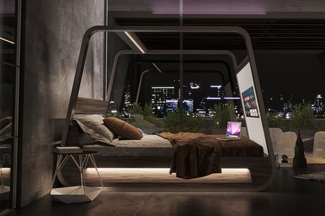 A 70-inch retractable screen equipped smart bed to keep you healthy and entertained! Unique Bed Frames, Interior Kantor, Relaxation Station, Smart Bed, Bed Frame Design, Four Poster Bed, Toy Art, Unique Beds, Smart Furniture