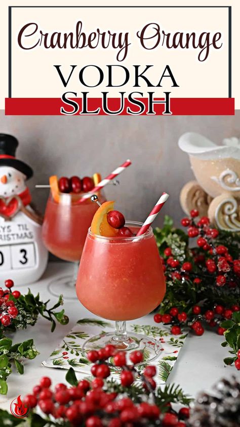 Cranberry Orange Vodka Slush! Vibrant, zesty, and oh-so-easy to make. Your taste buds are in for a delightful treat. Frozen Cranberry Orange Vodka Slush, Cranberry Vodka Slush Recipe, Thanksgiving Slush Drink, Frozen Old Fashioned Slush, Cranberry Vodka Slush, Christmas Drinks With Cranberries, Christmas Vodka Drinks Holidays, Sparkling Cranberry Vodka Punch, Cranberry Slush Recipe