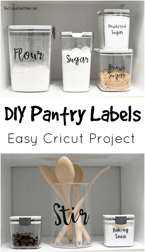 Farmhouse Style Pantry, Food Labels For Party, Diy Pantry Labels, Cricut Explore Air Projects, Pantry Containers, Suburban Mom, Cricut Supplies, Idee Cricut, Cricut Explore Projects