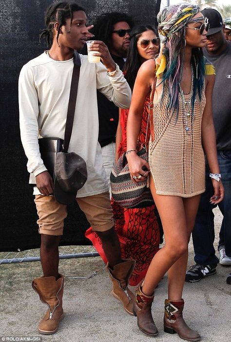 Matching mates: A$AP kept his clothing in the same colour family as his fiancee in an ecru long sleeved top, tan rolled up shorts and boots Chanel Iman Asap Rocky, Coachella 2014, Festival Mode, Chanel Iman, Coachella Music Festival, Coachella Music, Mode Hippie, Hippy Chic, Coachella Fashion