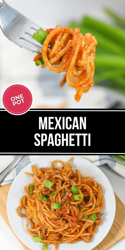 Mexican Spaghetti is a fantastic one pot easy recipe for when you can't choose between pasta and Tex-Mex! This delicious blend of pasta, veggies and beef takes 5 minutes to prep before the instant pot does the work for you. Mexican Spaghetti Recipes, Mexican Noodles, Spaghetti Rojo, Spanish Spaghetti, Mexican Spaghetti, Pasta Veggies, Fajita Pasta, Mexican Pasta, Taco Spaghetti