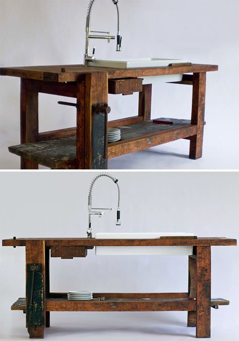 Gorgeous Kitchen worktable and sink made from a vintage carpenter's workbench Kitchen Layout Ideas With Island, Kitchen Islands Ideas With Seating, Small Kitchen Island Ideas, Kitchen Island Storage, Amazing Furniture, Handmade Charlotte, Farmhouse Kitchen Island, Modern Kitchen Island, Gorgeous Kitchens