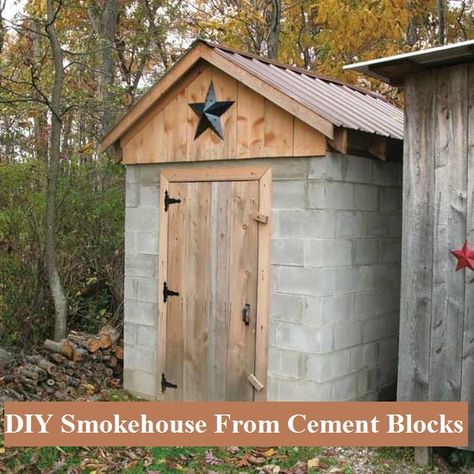 If you are smoking a large amount of meat this is the way to do it! It is also a nice way to store those preserved meats as well, especially with cement  blocks as they are bear proof. Diy Smokehouse, Diy Smoker, Smoker Plans, Homemade Smoker, Cement Blocks, Diy Blocks, Cinder Block, Homestead Survival, Building A Shed