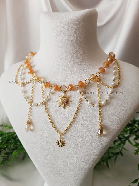 Exangelisjewelry - Etsy UK Cottagecore Beaded Jewelry, Jewelry Cottagecore, Cottagecore Necklace, Fairycore Necklace, Ethereal Jewelry, Gold Beaded Necklace, Grunge Fairycore, Diy Collier, Sun Necklace