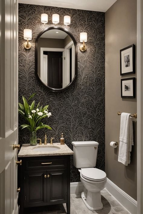 Bathroom And Wallpaper, Powder Bathroom Pedestal Sink, Bathroom Wallpapers Small Spaces, Wallpaper In Restrooms, Bathroom One Wall Wallpaper, Small Bathroom Decor Wallpaper, Powder Room Ideas Board And Batten, Small Powder Room Wallpaper Accent Walls, Accent Wall Wallpaper Bathroom