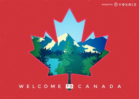 This design shows the Canadian maple leaf silhouette with a landscape inside. It also says Welcome to Canada. Perfect design for brochures, posters and more. Canada Graphic Design, Canadian Graphic Design, Canada Stickers Aesthetic, Canada Flag Wallpapers, Gaming Branding, Canada Flag Art, Boards Of Canada Poster, Welcome To Canada, Canada Illustration