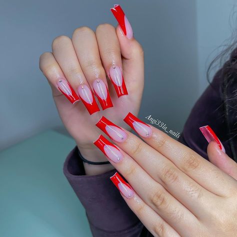 Red French Tip Nails With Rhinestones, Tip Nail Designs, Red French Tip, White Tip Nails, Pedicure Nail Designs, Red Manicure, Red Acrylic Nails, Red French, French Tip Acrylic Nails