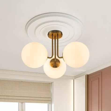 3 - Light 22'' Modern Sputnik Globe Glass Semi Flush Mount Light - On Sale - Bed Bath & Beyond - 37246106 Globe Semi Flush Light, Mid Century Ceiling Lights, Mid Century Modern Bedroom Lighting, Farmhouse Details, Ceiling Fan Light Fixtures, Modern Bedroom Lighting, Mid Century Ceiling Light, House Renos, Semi Flush Mount Light