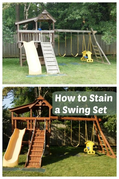 Staining Playset, Rainbow Playset Makeover, Swingset Remodel, Diy Clubhouse Outdoor Kids, Wooden Playset Makeover, Playset Landscaping, Rainbow Playset, Playset Makeover, Playset Ideas