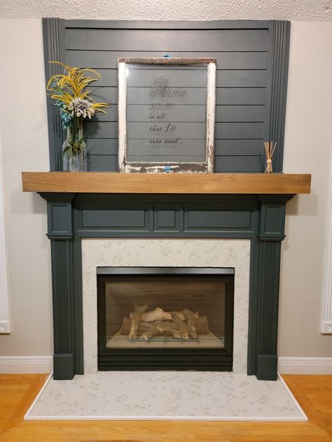 Gray Fireplace Black Mantle, Gray Brick Fireplace With Wood Mantle, Dark Grey Fireplace Mantle, Gray Fireplace Wood Mantle, Painted Mantle Ideas, Fireplace Mantle With Sign, Mantle Makeover, Painted Mantle, Fireplace Update