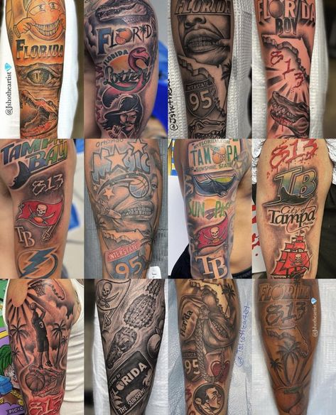 Tattoo Ideas To Fill In Gaps, State Of Florida Tattoo Ideas For Men, Florida Tattoo Sleeve, Miami Tattoo Ideas Men, Trap Tattoos Men Shoulder, Rare Tattoos Men Sleeve, Water Tower Tattoo, Florida Tattoo Ideas For Men, Florida Themed Tattoos