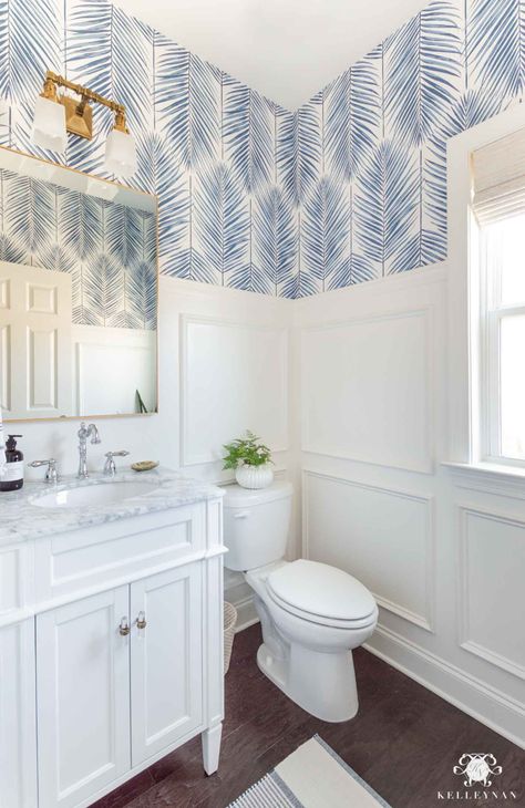 Coastal Powder Room, Powder Room Design Ideas, Powder Room Remodel, Picture Frame Moulding, Bath Makeover, Powder Room Makeover, Powder Room Decor, Palm Wallpaper, Small Bathroom Vanities