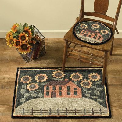 The House and Sunflowers hooked rug runner is an appealing folk art-inspired design by artist Teresa Kogut. Crafted with space-dyed yarn specially made to include variations in color, this hooked runner echoes the look of authentic antique hooked rugs. With its appealing palette and design, this beautiful rug can fit perfectly into many decor styles including rustic, Americana, primitive, farmhouse, lodge, lakehouse, traditional and even contemporary decors. Design elements include a lovely two Farmhouse Lodge, Rug Hooking Designs, Rustic Americana, Vintage Hooks, Dash And Albert Rugs, Hand Hooked Rugs, Hooked Rug, Park Designs, Rug Runners