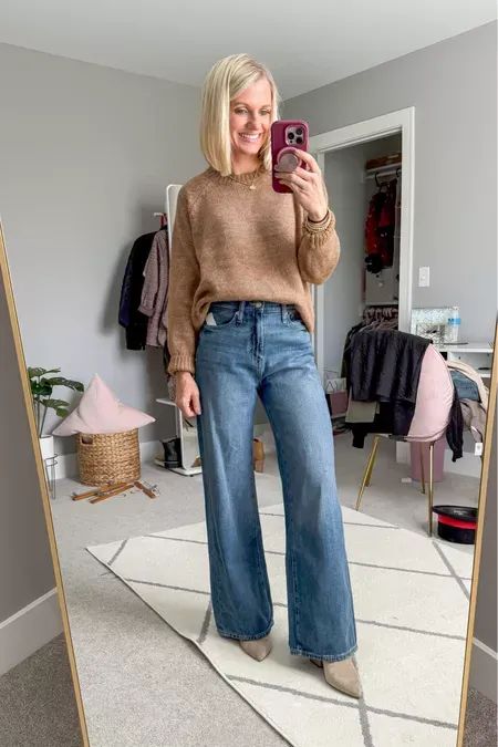 Petite-friendly wide-leg jeans!  Wide leg jeans and sweater outfit Wide Leg Jeans With Sweater Outfit, Sweaters With Wide Leg Jeans, Wide Leg Jeans With Sweater, Wide Leg Jeans And Sweater, Wide Leg Jean Outfits Fall, Wide Leg Jeans Outfit With Sneakers, Light Wash Wide Leg Jeans Outfit, Dark Wide Leg Jeans Outfit, Wide Jeans Outfit Winter