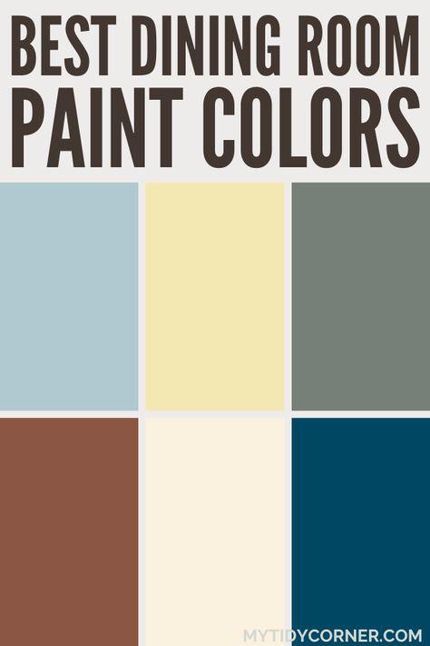 Collage of popular dining room paint color ideas. Blue Paint For Dining Room, Best Colors For Dining Room Walls, Farmhouse Dining Room Colors, Best Dining Room Paint Colors, Popular Dining Room Colors, Dining Room Color Scheme Ideas, Jewel Tone Paint Colors, Dining Room Paint Ideas, Dining Room Paint Color Ideas