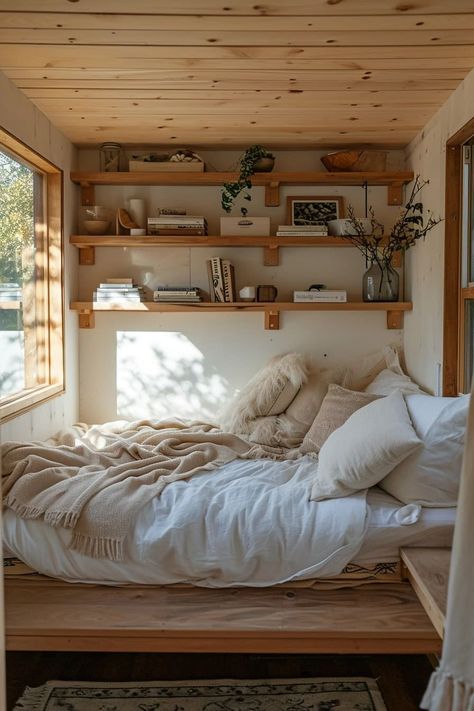 25 Ingenious Tiny House Bedroom Ideas for Compact Living - Roomy Retreat Summerhouse Bedroom Ideas, Low Loft Ideas, Tiny House Room Ideas, Tiny House With 2 Bedrooms, Tiny Living Ideas, Very Tiny Bedroom Ideas, Tiny Apartment Interior, Bed In Living Room Ideas, Super Small Bedroom Ideas