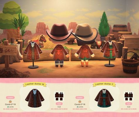 Acnh Western, Animal Crossing Custom Designs, Western Town, On Hiatus, Cowboy Outfits, Desert Island, Western Design, Dusters, Island Design