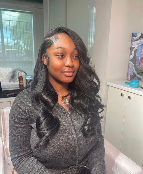 Side Parts Quick Weave, Cute Sew In Hairstyles Side Part, Curled Side Part Sew In, Traditional Side Part Sew In With Leave Out, Right Side Part Sew In Weave, Sew In Weave With Leave Out Hairstyles, Wavy Side Part Sew In, Natural Side Part Quick Weave, Natural Leave Out Sew In