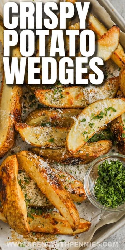 Homemade baked potato wedges are a crispy and delicious appetizer. Made by tossing potatoes in olive oil, seasonings, and parmesan before roasting them in the oven. This perfectly seasoned appetizer also makes a great side dish...even for breakfast! #spendwithpennies #potatowedges #homemade #sidedish #appetizer Oven Baked Potato Wedges, Homemade Potato Wedges, Oven Baked Potato, Roasted Smashed Potatoes, Potato Side Dishes Easy, Baked Potato Wedges, Crispy Potato Wedges, Crispy Baked Potatoes, Potato Wedges Baked