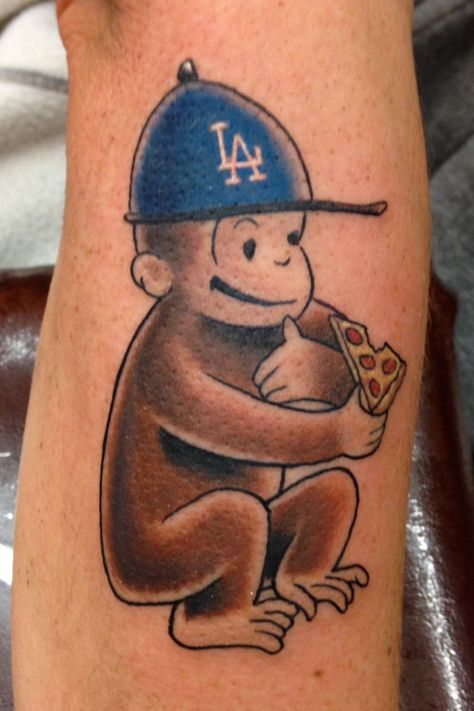 #curiousgeorge #pizza #LA #dodgers #monkey #tattoo #clandestine #clandestinerabbit #tarzana #12 Curious George Tattoo, George Tattoo, Monkey Tattoo, Dodger Baseball, Elbow Tattoo, Elbow Tattoos, Curious George, Tattoos Ideas, Monkeys