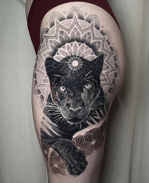 Jaguar Hip Tattoos Women, Panther Mandala Tattoo, Feminine Black Panther Tattoo, Black Panther Leg Tattoo, Black Jaguar Tattoo For Women, Puma Tattoo For Women, Black Panther Tattoo For Women, Jaguar Tattoo For Women, Panther Tattoo Realistic