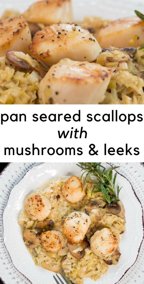 Scallops With Mushrooms, Scallops And Mushrooms Recipe, Sauteed Scallops, Optavia Diet, Leeks Recipe, Jumbo Shrimp Recipes, Seafood Scallops, Seafood Meals, Scallop Dishes