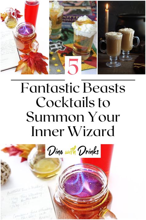 Collage of 4 fantastic beasts cocktails. Fantastic Beasts Party, Themed Food, Fantastic Mr Fox, Newt Scamander, Fantastic Beasts And Where, Magical World, Newt, Food Themes, Fantastic Beasts