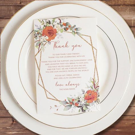 Thank You From The Newlyweds Fall Burnt Orange Floral Place Cards Fall Wedding Favors For Guests, Fall Wedding Place Settings, Fall Wedding Desserts, Floral Place Cards, Fall Wedding Favors, Memory Table Wedding, Place Setting Cards, Bridal Shower Tables, Reception Dinner