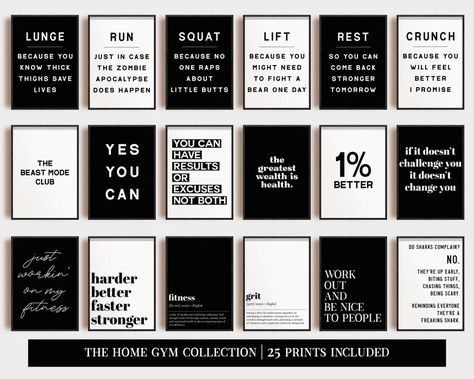 Home Gym Wall Art Mega Bundle Set of 25 PRINTABLES Gym - Etsy Gym Signs, Home Gym Wall Art, Stylish Home Gym, Gym Wall, Home Gyms, Basement Gym And Family Room, Simple Home Gym, Gym Decorating Ideas, Workout Room Ideas Home