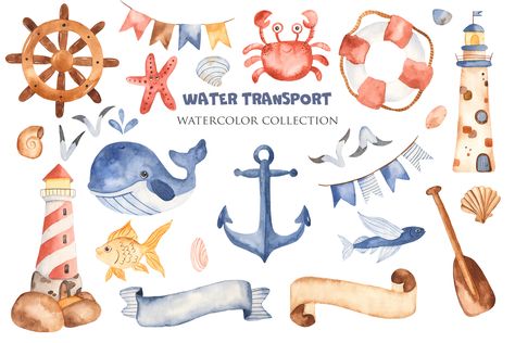 Cute cartoon water transport watercolor collection clipart – Watercolor clipart and illustrations by Marina Ermakova Watercolor Nautical, Nautical Clipart, Sea Clipart, Travel Clipart, Cartoon Ships, Watercolor Whale, Deep Sea Creatures, Watercolor Ocean, Nautical Nursery