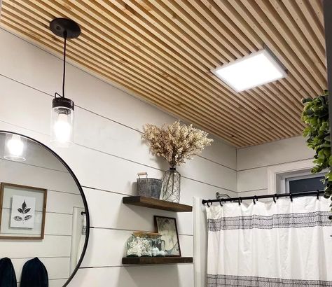 15 Showstopping Ideas That'll Make Guests Gather in Your Bathroom | Hometalk Slat Bathroom, Slat Ceiling, Wood Slat Ceiling, Accent Ceiling, Full Bathroom Remodel, Basement Ceiling, Ceiling Treatments, Bathroom Ceiling, Floor Ceiling