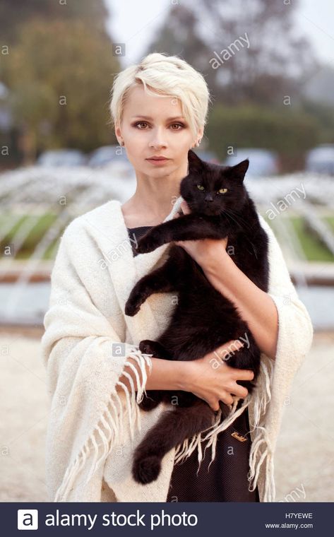 beautiful blonde woman with a black cat ... Benadryl For Cats, Cat Stock Photo, Animal Hugs, Cat Stock, Blonde Woman, Human Reference, Cat Pose, A Black Cat, Human Poses Reference