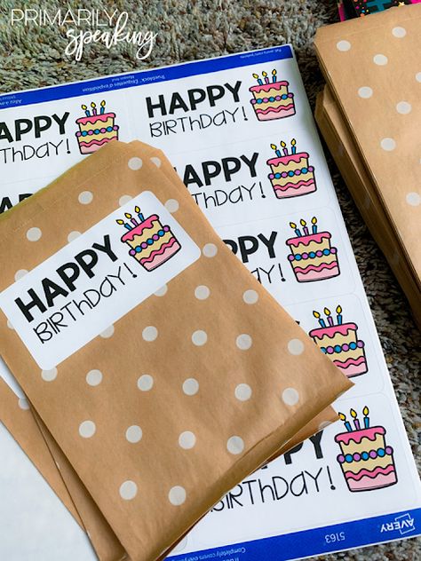 Birthday Bags {Updated} | Primarily Speaking Classroom Birthday Treats, Classroom Birthday Gifts, Student Birthday Gifts, Students Gifts, Birthday Bags, Birthday Treat Bags, Birthday Rewards, Class Birthdays, Teacher And Student