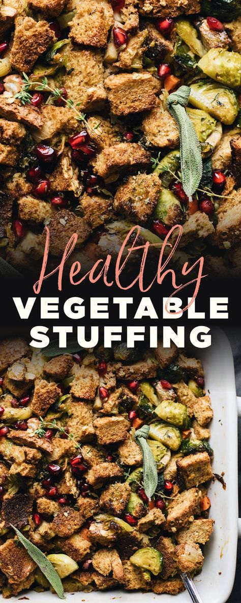 Healthy thanksgiving stuffing to compliment your holiday feast! This easy Thanksgiving side dish is filled with fresh herbs, vegetables, and topped with sweet pomegranate seeds. So delicious! | asimplepalate.com #thanksgiving #thanksgivingside #stuffing #thanksgivingstuffing #healthystuffing Healthy Stuffing Recipes Clean Eating, Plant Based Stuffing Thanksgiving, Healthier Stuffing, Vegetarian Dressing Stuffing, Sausage And Herb Stuffing, Low Carb Stuffing, Easy Thanksgiving Sides, Thanksgiving Side Dishes Easy, High Protein Dinner