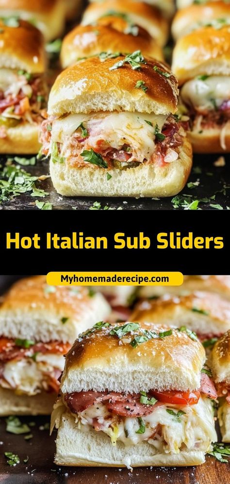 These Hot Italian Sub Sliders are loaded with salami, ham, pepperoni, and melted provolone cheese on soft slider rolls. Perfect for game days or gatherings! Ingredients: 12 slider rolls 1/2 lb sliced salami 1/2 lb ham 1/2 lb pepperoni 6 slices provolone cheese A warm, melty slider that’s packed with bold Italian flavors Pepperoni Sliders, Italian Sub Sliders, Sub Sliders, Salami Rolls, Sliders Recipes Hawaiian Rolls, Italian Ham, Salami Recipes, Ham Sliders, Slider Rolls