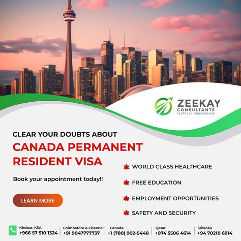 🍁 Dive into the world of possibilities with Canada Permanent Resident Visa! Secure your future with world-class healthcare, free education, ample employment opportunities, and a safe environment. Book your appointment today to clear all your doubts and embark on your journey towards a prosperous life in Canada! #CanadaPR #OpportunityAwaits For inquiries and assistance: 📞 Call: +91 9047777737 📧 Email: info@zeekayconsultants.com 🌐 Website: zeekayconsultants.com Life In Canada, World Of Possibilities, Safe Environment, Free Education, Employment Opportunities, Book Your Appointment, Coimbatore, World Class, Safety And Security