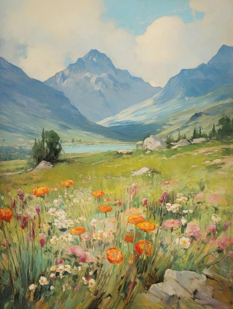 Wildflower Paintings, Wild Flower Meadow, Watercolor Mountains, Landscape Artwork, Mountain Paintings, Personalize Art, Landscape Wall, Wild Flower, Landscape Wall Art