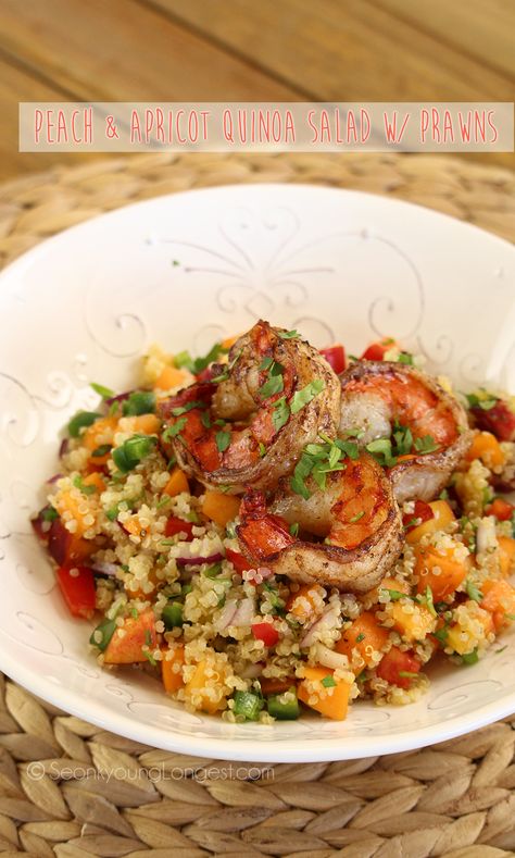 Peach & Apricot Quinoa Salad w/ Prawns Recipe & Video - Asian at Home Asian At Home, How To Cook Prawns, Prawns Recipe, Seonkyoung Longest, Prawn Recipes, Asian Salad, Recipe Video, How To Cook Quinoa, Quinoa Salad