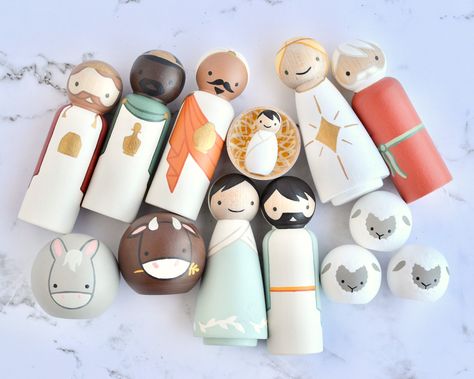 Peg Doll Nativity, Nativity Peg Doll, Wooden Toy Shop, Wood Peg Dolls, Nativity Sets, Peg People, Peg Doll, Christmas Mantels, Wooden Pegs