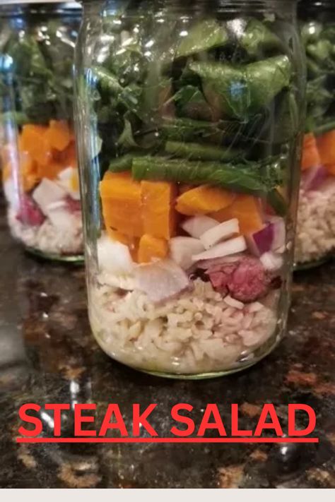 FALL In Love For This Steak Salad In A Jar! This fall inspired steak salad in a jar is the perfect blend of flavor and convenience! Tender grilled steak, crunchy veggies, and a delicious dressing make it a must-try for your next meal prep. Packed with high protein, it's perfect for a healthy lunch or quick dinner. Fall in love with meal prep ideas that are easy to assemble and perfect for fall recipes lovers. Save this pin and enjoy the best of autumn flavors in every bite! Fall Steak Salad, Dinner Fall, Crunchy Veggies, Meal Prep Ideas, Steak Salad, Salad In A Jar, Grilled Steak, Autumn Flavors, In A Jar