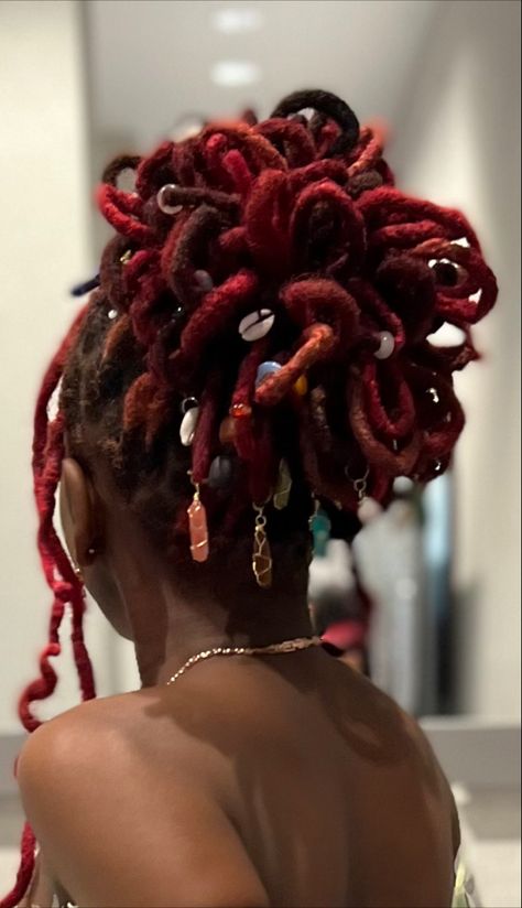 #locs #lochairstyles #prom hairstyles #dreads #dreadhairstyles #promhairstylelocs Professional Locs Black Women, Locs With Gold Accessories, Red Locs With Beads, Red Locs Aesthetic, Ruby Red Locs, Loc Jewelry Beads, Red And Black Dreadlocks, Loc Beads, Loc Colors