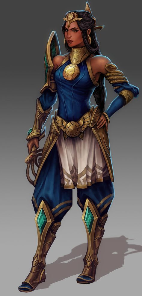 Character concept, an original champion for League of Legends!  Born in the small settlement of Mu’raat just south of Central Shurima, Nasira lived her life amidst the sand-drowned ruins of her people’s past. Though she grew up told to ignore the remnants of the old ways, she constantly marveled at the mystery and intrigue of the forgotten glory of the Shuriman empire. When she grew older, she ran away from home to make her own way, and eventually found herself under the command of the warlo... Egyptian Character, Red Desert, Fantasy Warrior, Fantasy Rpg, Fantasy Inspiration, Character Creation, Dnd Characters, Character Portraits, Fantasy Character Design