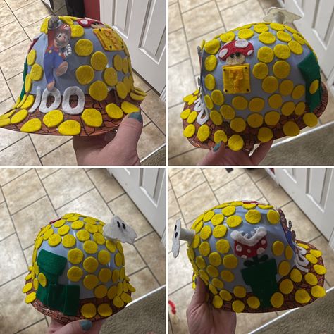 An old school Mario-themed hat for the 100 days of school. Made using a cheap, plastic spray-painted construction hat, acrylic paint, and felt. 100 Days Of School Hat, Mario Hat, 100 Day Of School, Mario Theme, Construction Hat, Hat Ideas, 100 Days Of School, 100th Day, 100 Days