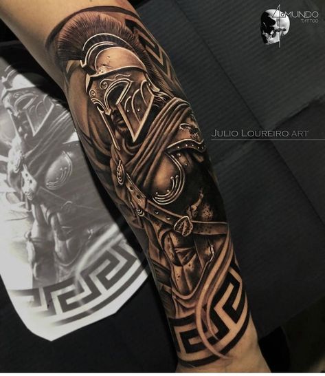 Spartan Full Sleeve Tattoo, Ares Forearm Tattoo, Gladiator Tattoos For Men, Gladiator Forearm Tattoo Men, Spartan Tattoo Leg, Roman Empire Tattoo Sleeve, 300 Tattoo Spartan, Forearm Men Tattoos, Gladiator Tattoo Sleeve