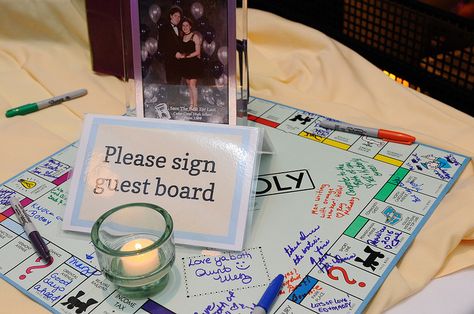 Monopoly game guestbook - "Please sign our guest board" HA! Please Sign Our Guest Board, Monopoly Theme, Board Game Wedding, Monopoly Party, Board Game Themes, Board Game Party, Gamer Wedding, Reception Games, Wedding Games For Guests